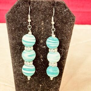 Green White Swirl Glass Bead Dangle Earrings Handmade Crystal Rondelle Stainless